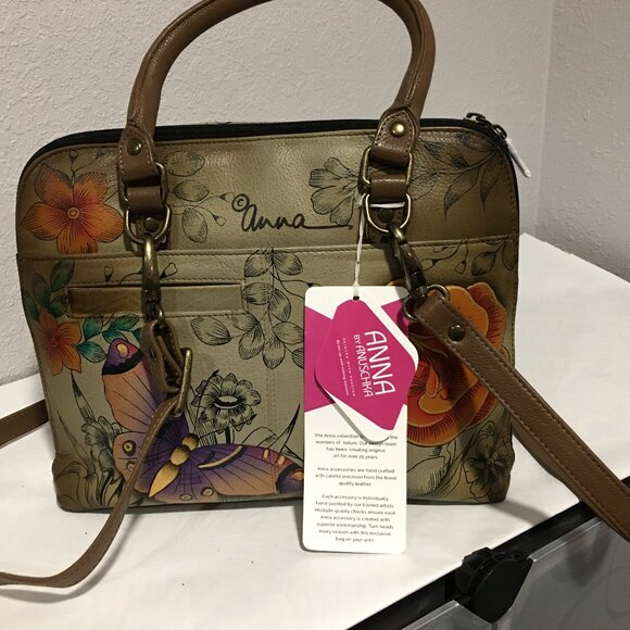 NEW Anna by Anuschka "Floral Paradise Tan" slim crossbody satchel - multi - Picture 1 of 7